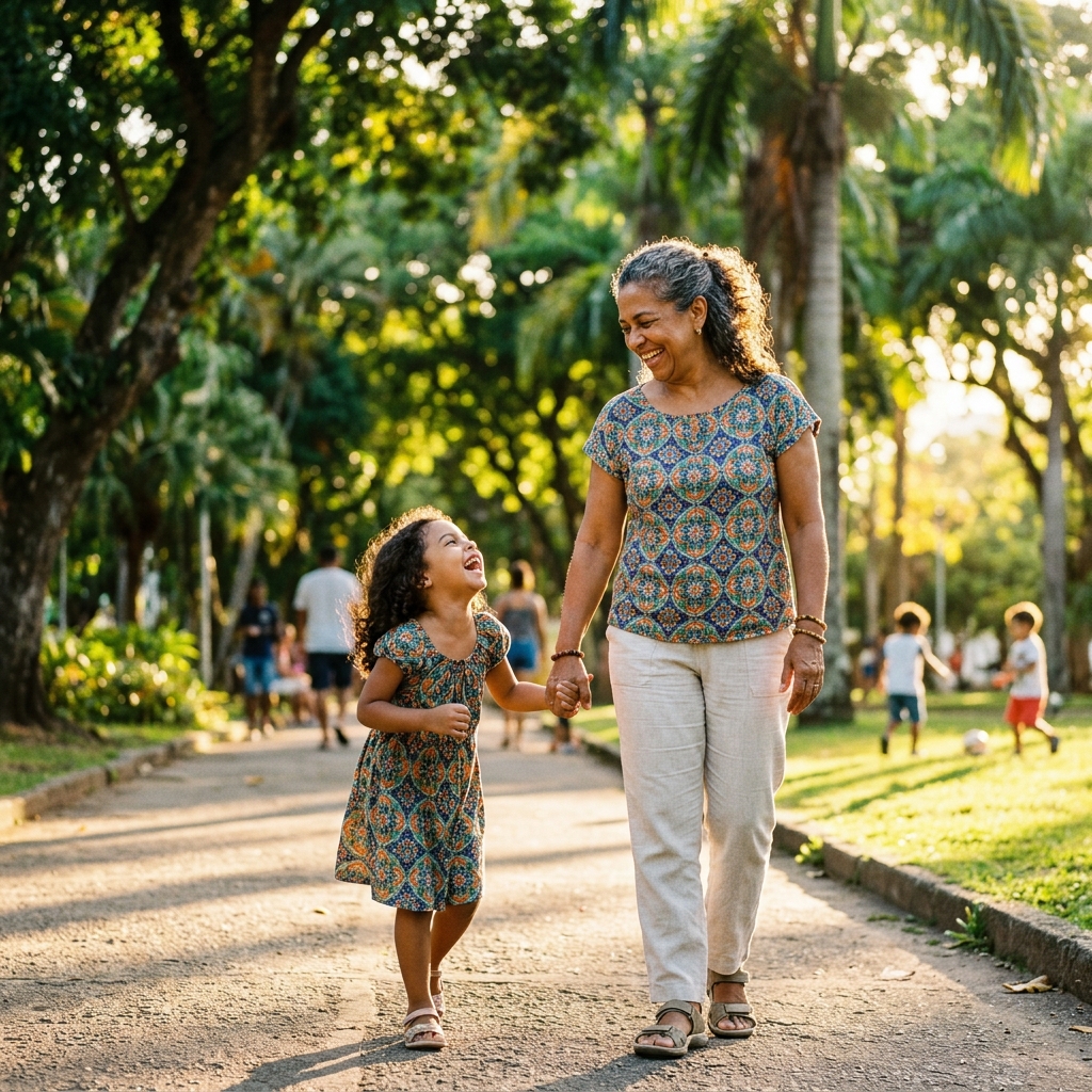 Maria José feliz brincando com o neto no parque