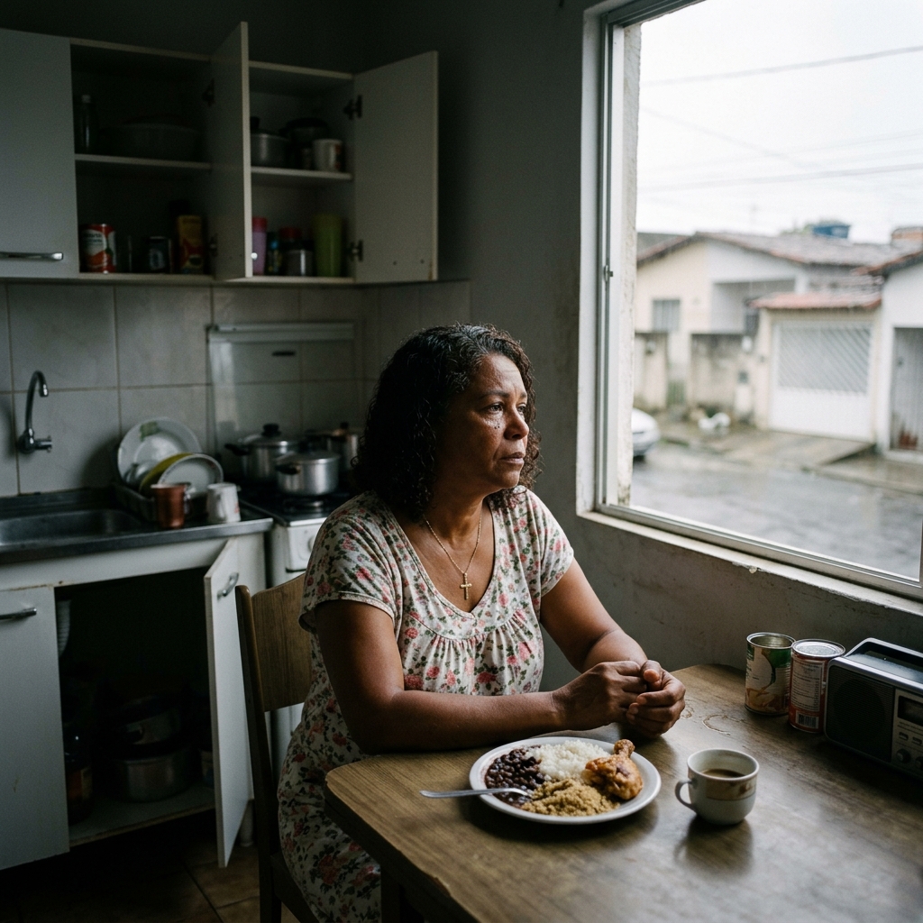 Maria José sozinha na cozinha, isolada